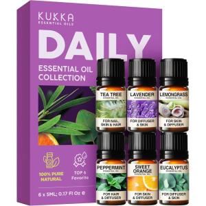 imageDaily Essential Oils 6Pack for Diffusers Aromatherapy Gift Set with Peppermint Tea Tree Eucalyptus Lavender Orange ampamp Lemongrass 6x5mLDaily Essential oil set